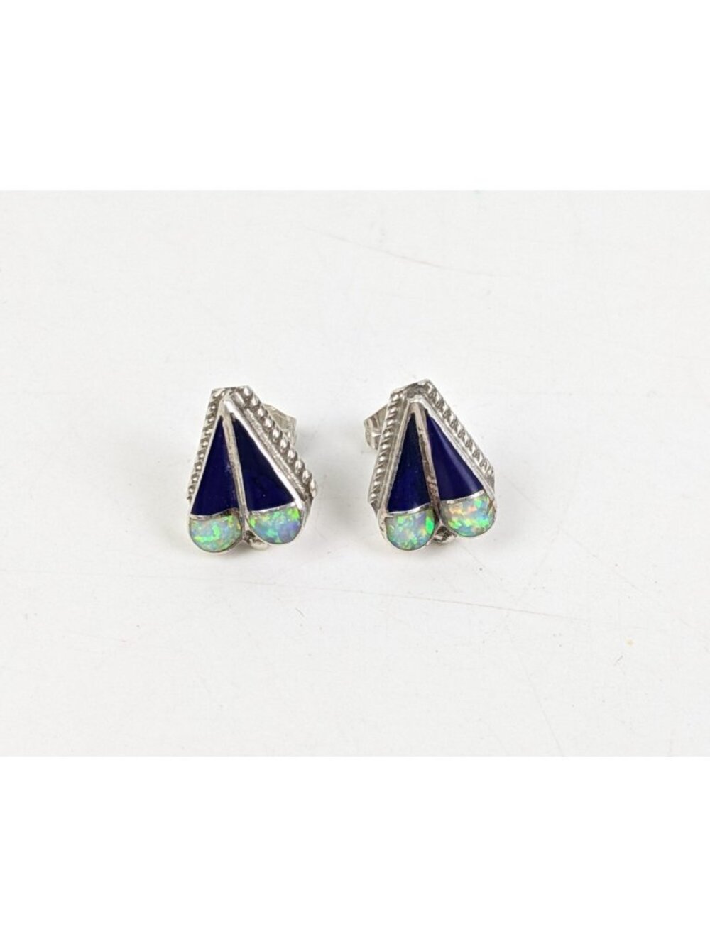 Vintage Native American Opal Lapis Blue Sterling Silver Inlay Heart Stud Earring
